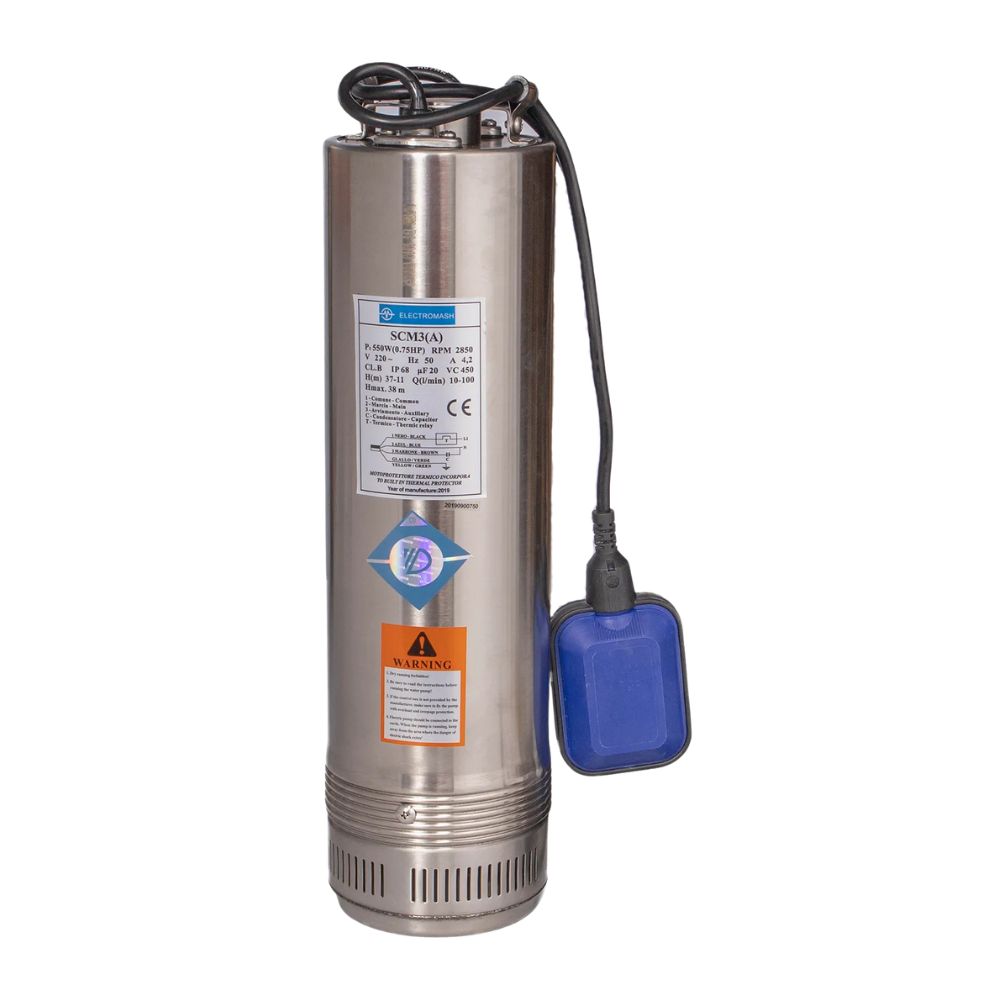 Pompă submersibilă cu plutitor extern Electromash SCM 3 cu rotor din PVC, putere 0,55 kW, înălțime de refulare 30 m, debit 9000 l/h, potrivită pentru puțuri și alte aplicații | Pompe submersibile | Pompe de apă |