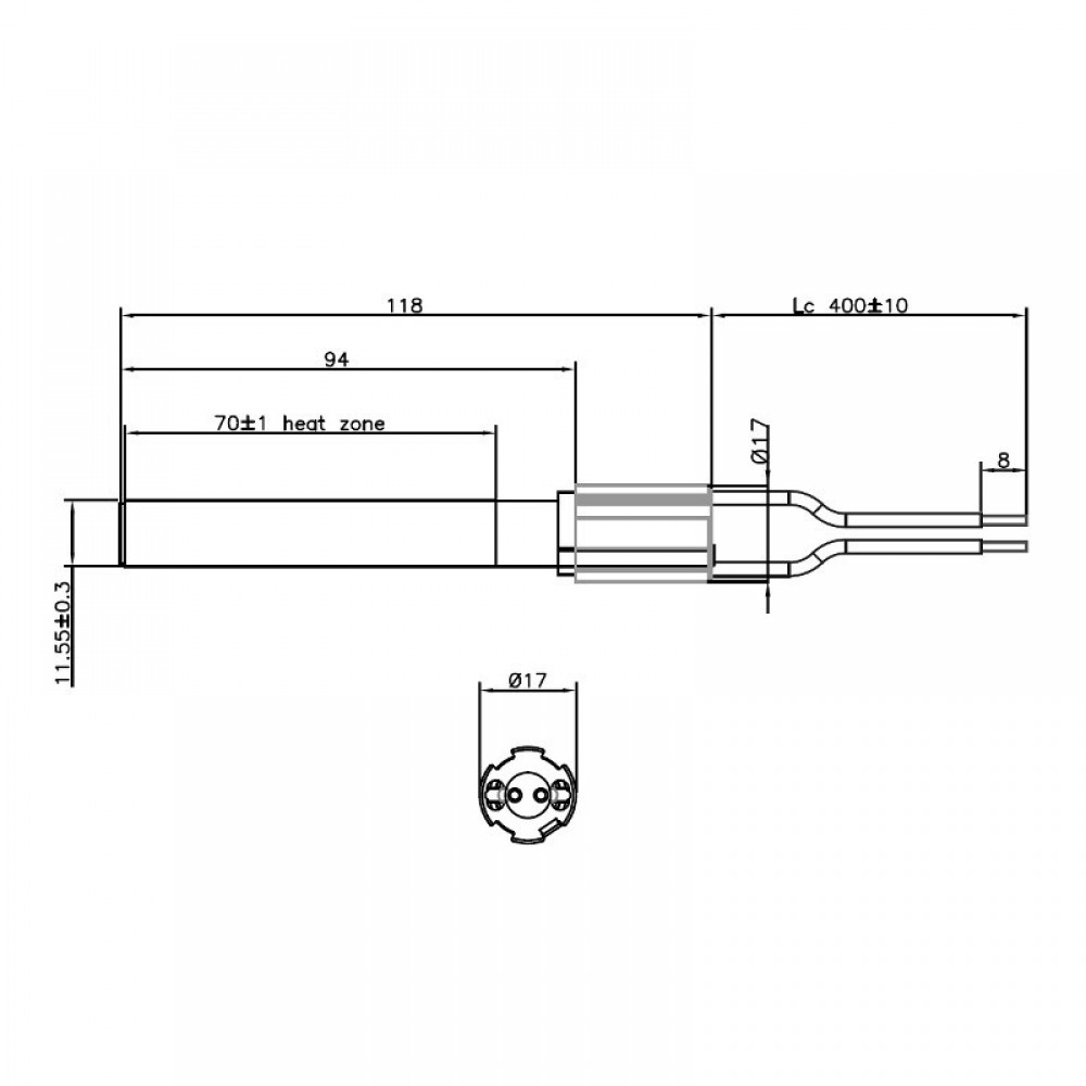 Rezistenta aprindere ceramica pentru soba peleti Aico Ravelli si altele, lungime totala 118mm, 280W | Rezistenta aprindere peleti | Piese schimb sobe peleti |