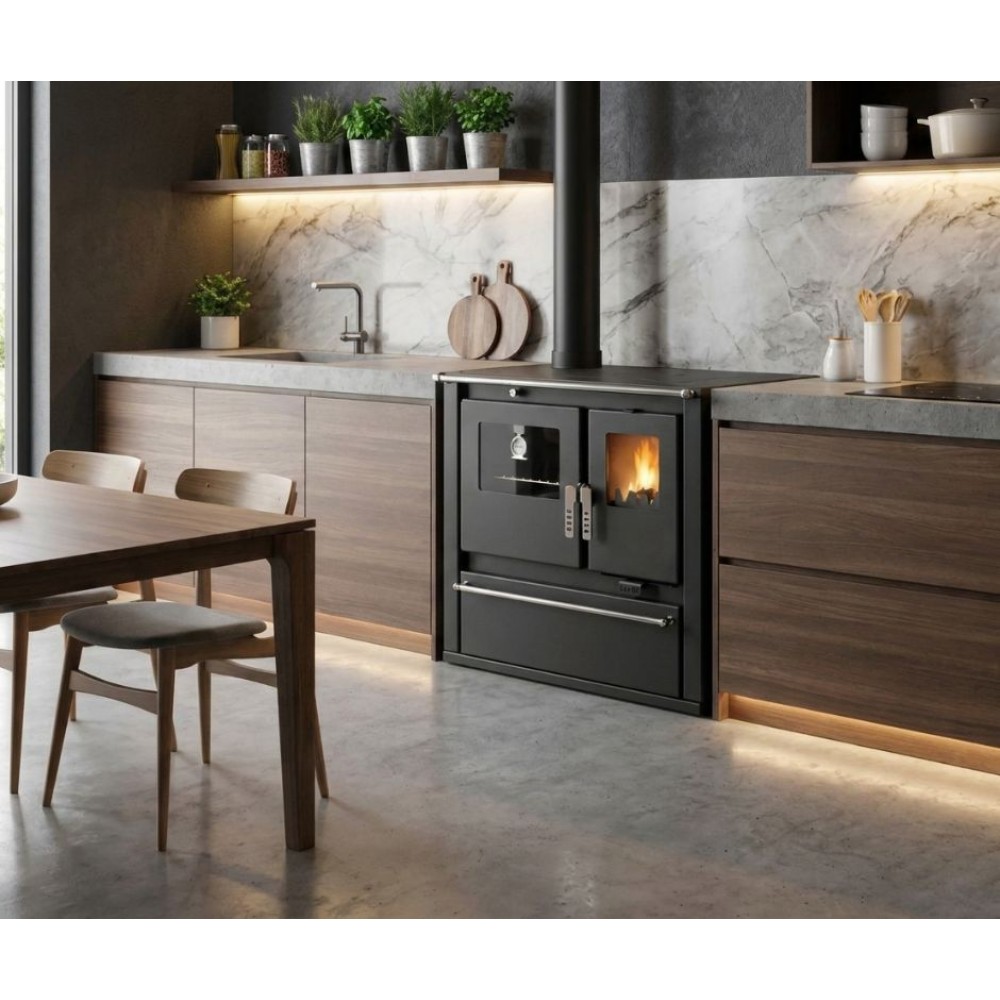 Soba de Gatit Pe Lemne Verso CS Plus cu cuptor din inox și plită din oțel, Negru, Stânga, 7.7kW | Sobe cu Cuptor | Seminee pe lemne |