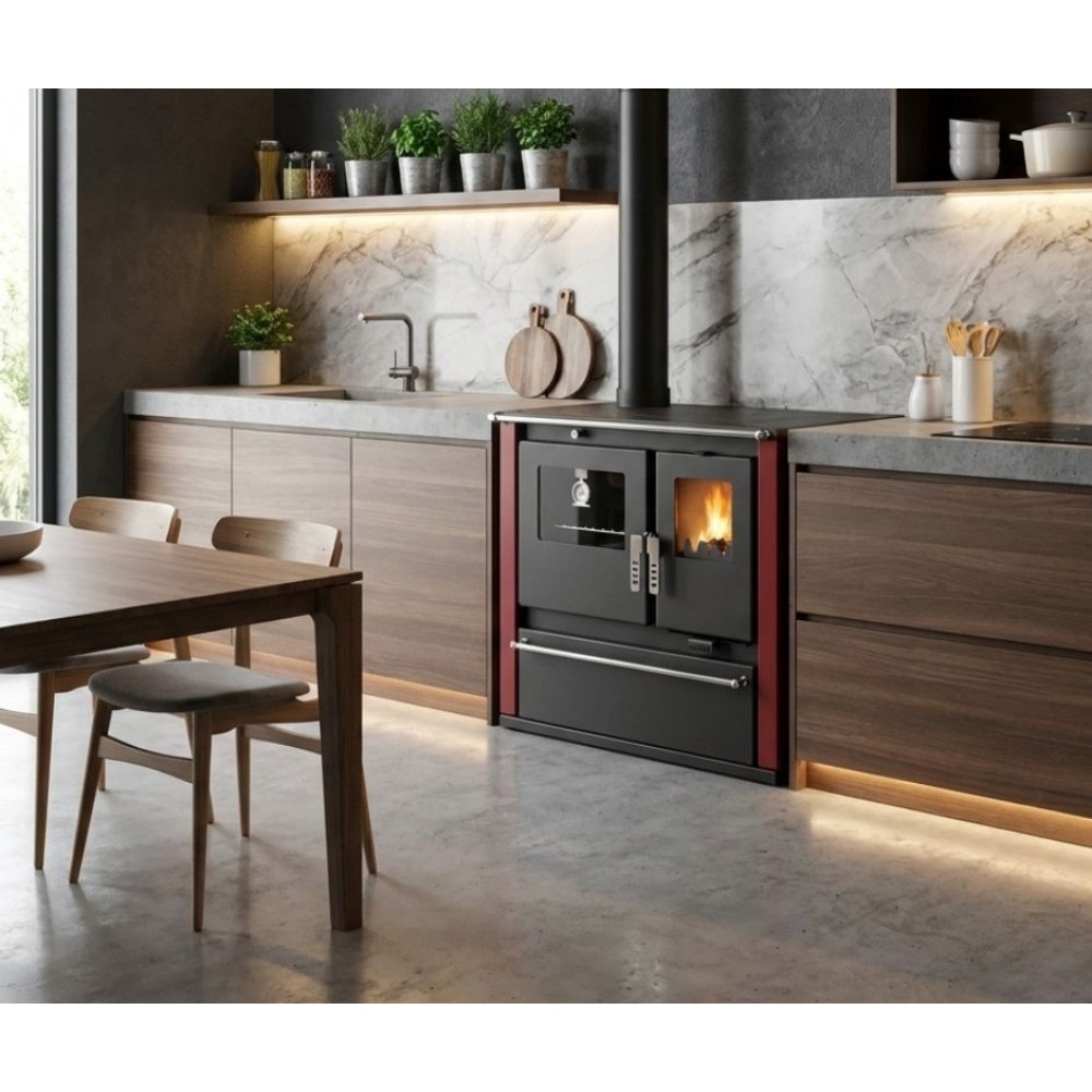 Soba de Gatit Pe Lemne Verso CS Plus cu cuptor din inox și plită din oțel, Roșu, Stânga, 7.7kW | Sobe cu Cuptor | Seminee pe lemne |