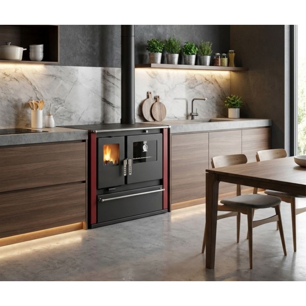 Soba de Gatit Pe Lemne Verso CS Plus cu cuptor din inox și plită din oțel, Roșu, Dreapta, 7.7kW | Sobe cu Cuptor | Seminee pe lemne |