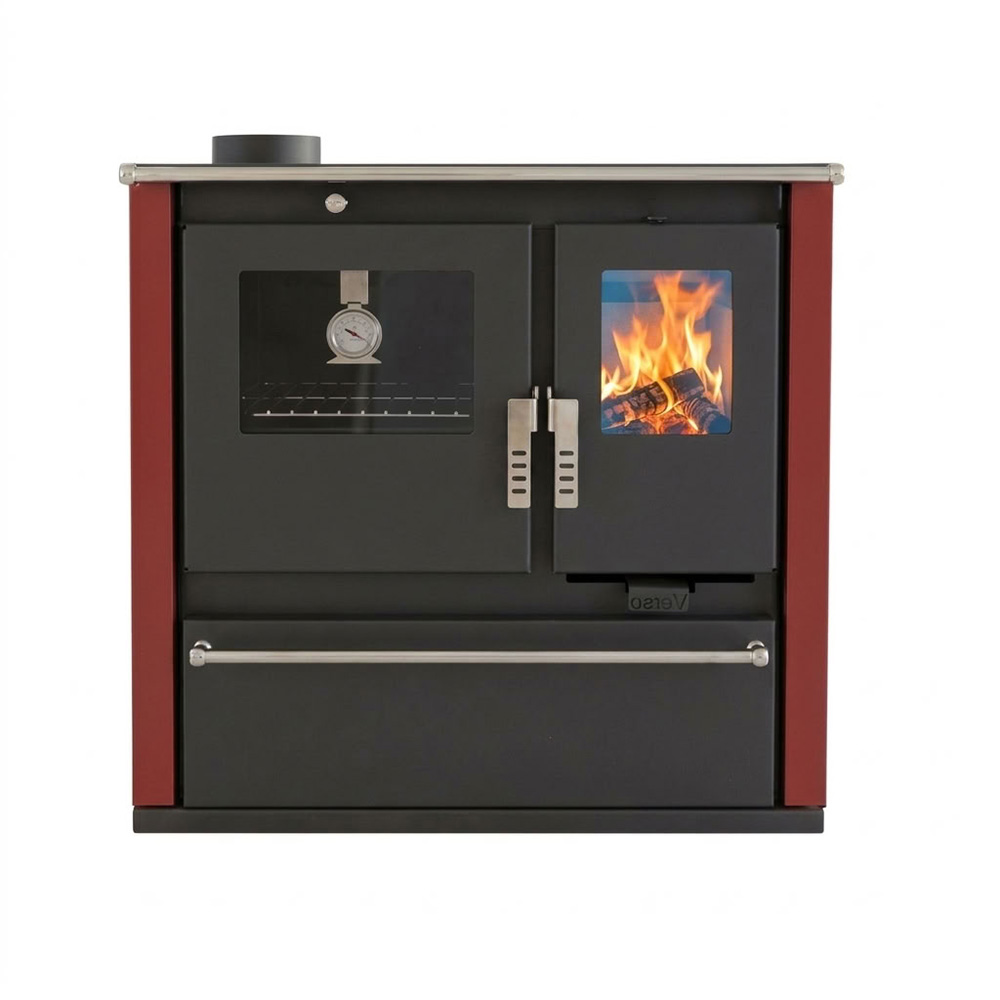 Soba de Gatit Pe Lemne Verso CS Plus cu cuptor din inox și plită vitroceramică, Roșu, Stânga, 7.7kW | Sobe cu Cuptor | Seminee pe lemne |