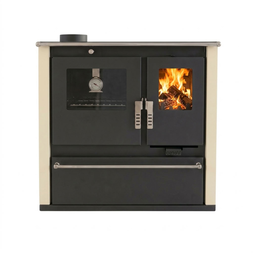 Soba de Gatit Pe Lemne Verso CS Plus cu cuptor din inox și plită vitroceramică, Fildeș, Stânga, 7.7kW | Sobe cu Cuptor | Seminee pe lemne |