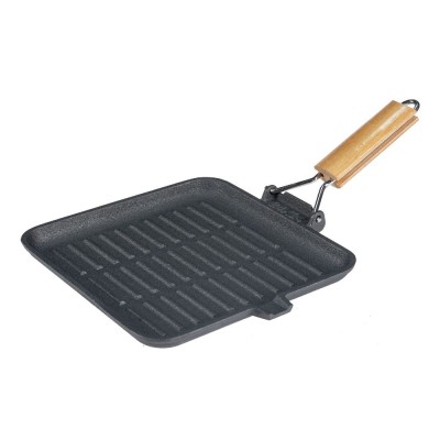 Tigaie grill din fontă cu mâner pliabil din lemn, 24x24 cm - Tigaie din fontă