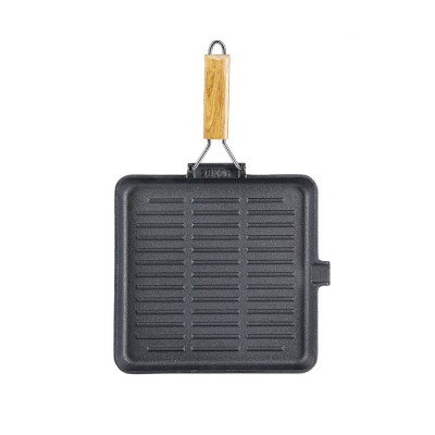 Tigaie grill din fontă cu mâner pliabil din lemn, 24x24 cm - Tigaie din fontă