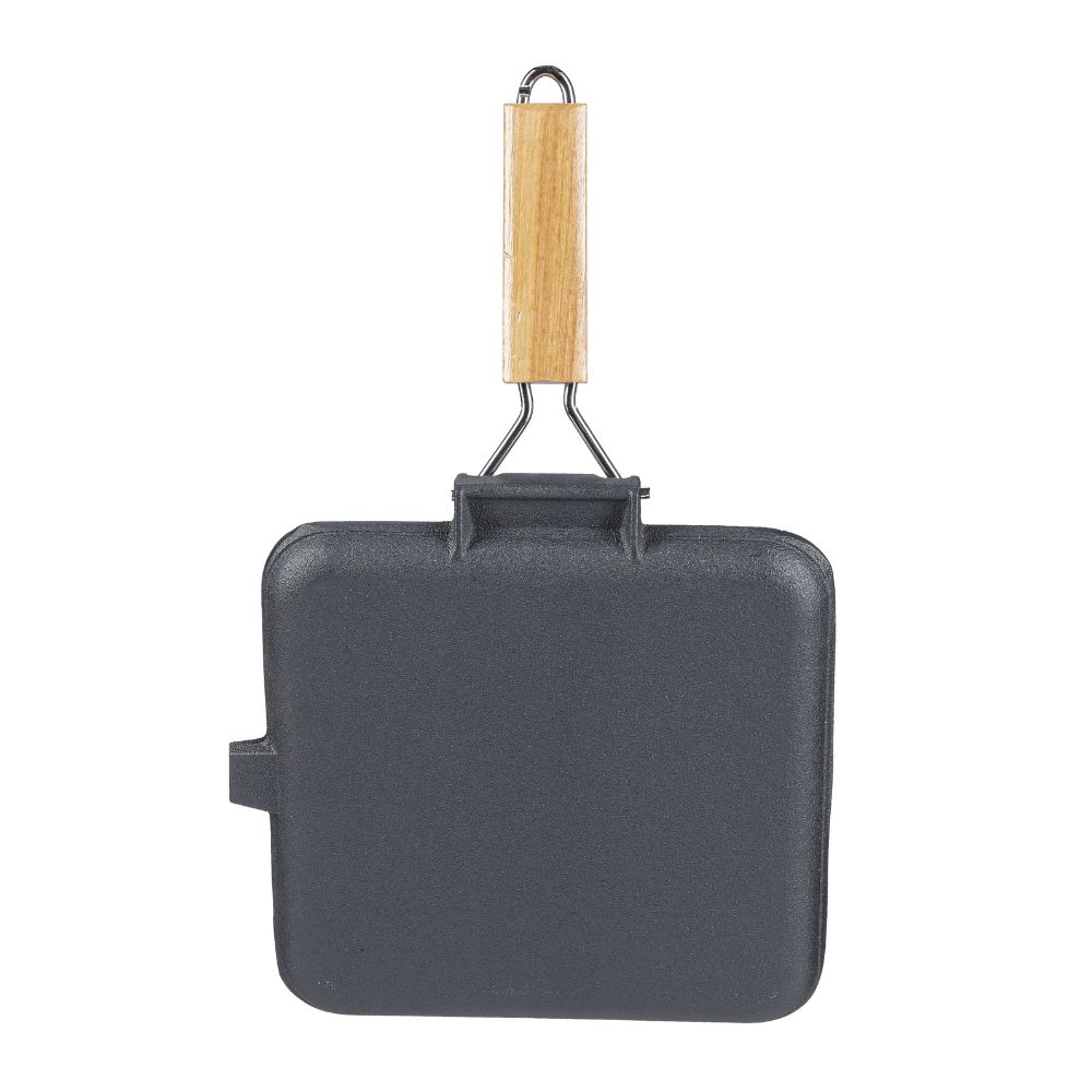 Tigaie grill din fontă cu mâner pliabil din lemn, 24x24 cm | Tigaie grill din fontă | Tigaie din fontă |