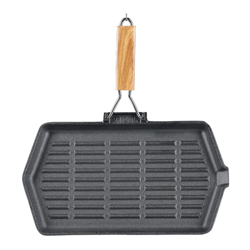 Tigaie grill din fontă cu mâner pliabil din lemn, 35x21 cm | Tigaie grill din fontă | Tigaie din fontă |