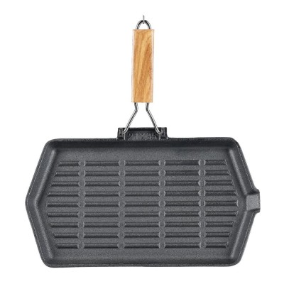 Tigaie grill din fontă cu mâner pliabil din lemn, 35x21 cm - Tigaie din fontă