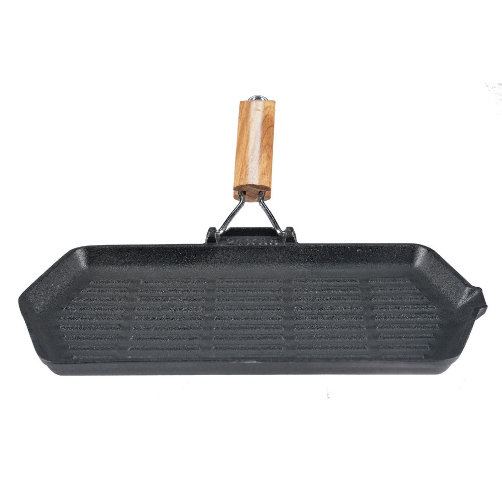 Tigaie grill din fontă cu mâner pliabil din lemn, 35x21 cm | Tigaie grill din fontă | Tigaie din fontă |