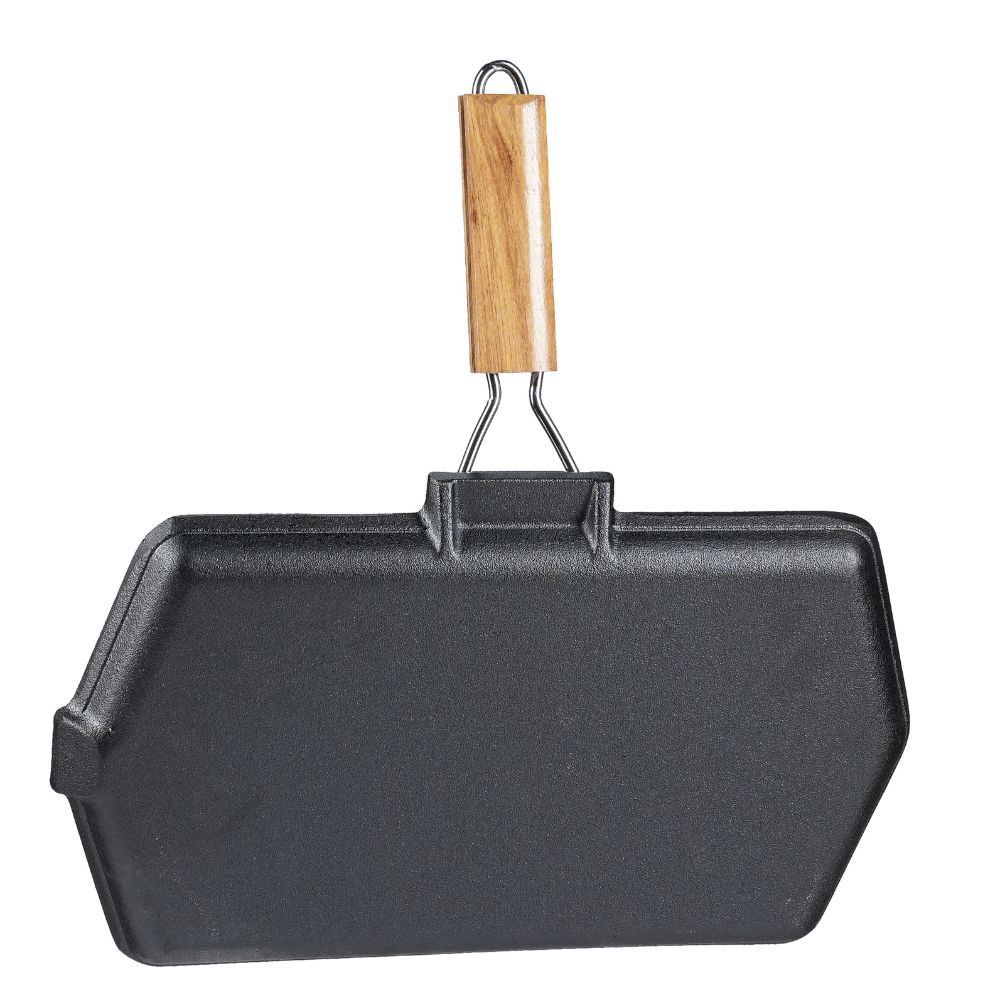 Tigaie grill din fontă cu mâner pliabil din lemn, 35x21 cm | Tigaie grill din fontă | Tigaie din fontă |