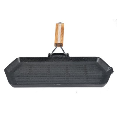 Tigaie grill din fontă cu mâner pliabil din lemn, 35x21 cm - Tigaie din fontă