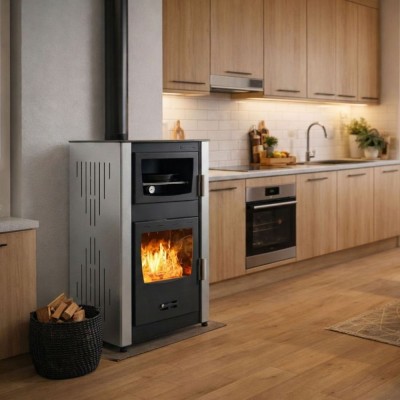 Termosemineu / Soba Tip Centrala Pe Lemne Velmora Fire ATS HYDRO ΜΑSΙΝΑ 90-25, Cu Manta De Apa, Dotat Cu Cuptor Pentru Gatit gri, 25kW - Compară produse