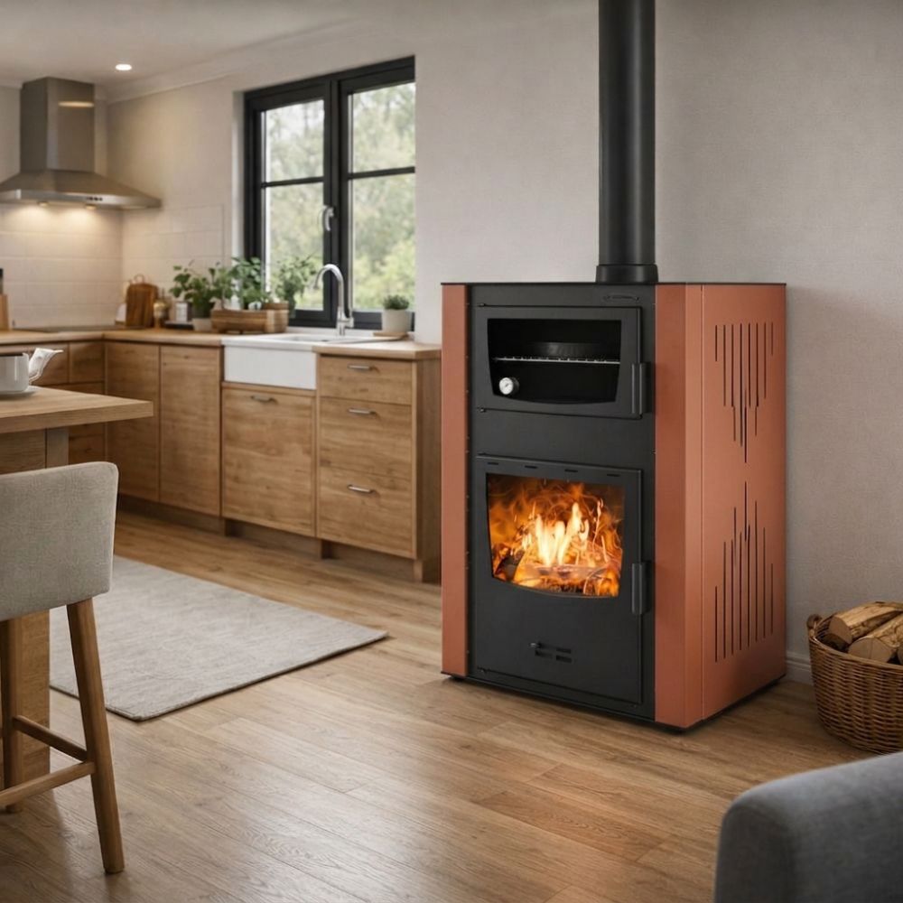 Termosemineu / Soba Tip Centrala Pe Lemne Velmora Fire ATS HYDRO ΜΑSΙΝΑ 90-30, Cu Manta De Apa, Dotat Cu Cuptor Pentru Gatit teracotă, 35kW | Sobe pe Lemne | Semineе pe lemne |