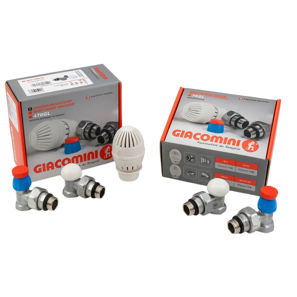 Kit Giacomini cap termostatic, ventil termostatic axial și robinet de închidere 1/2"X16, cot pentru țeavă PEXAL |  |  |