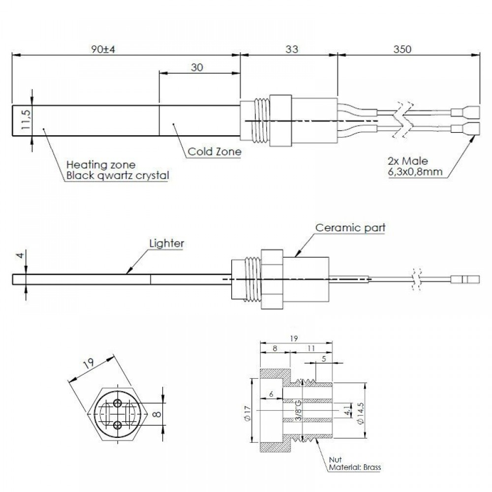 Rezistenta aprindere cu cristal de cuarț negru pentru sobe pe peleți Eco Spar, BURNiT, Whitfield, Lennox, lungime totală 123mm, 400W | Rezistenta aprindere peleti | Piese schimb sobe peleti |